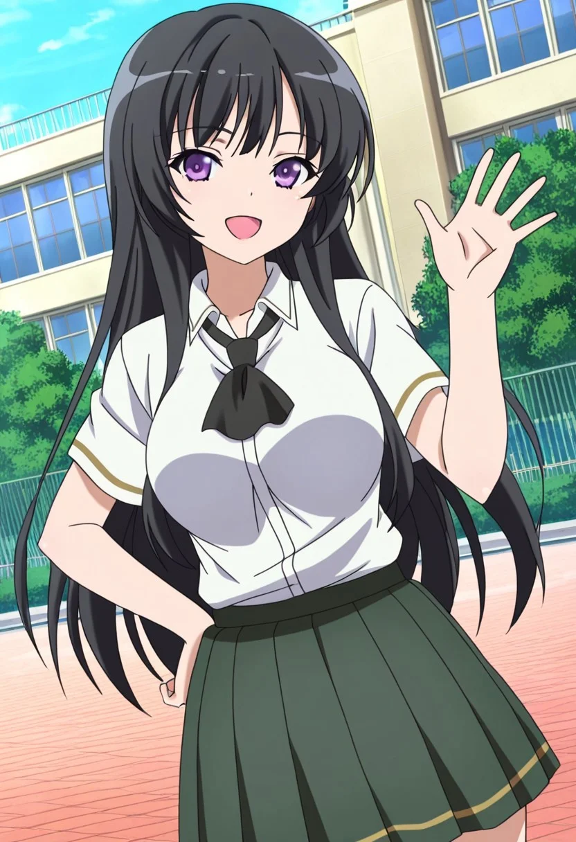 general,highres, ultra-detailed,very aesthetic,best quality ,best hands,best eyes,easynegative,
dynamic anglre, dutch angle, anime cloring,anime screencap,
1girl solo,looking at viewer,outdoors,school, smile, open mouth, waving hand, hand on hip,
Yozora MIKAZUKI,black_hair, long_hair, purple_eyes, large_breasts,school uniform
