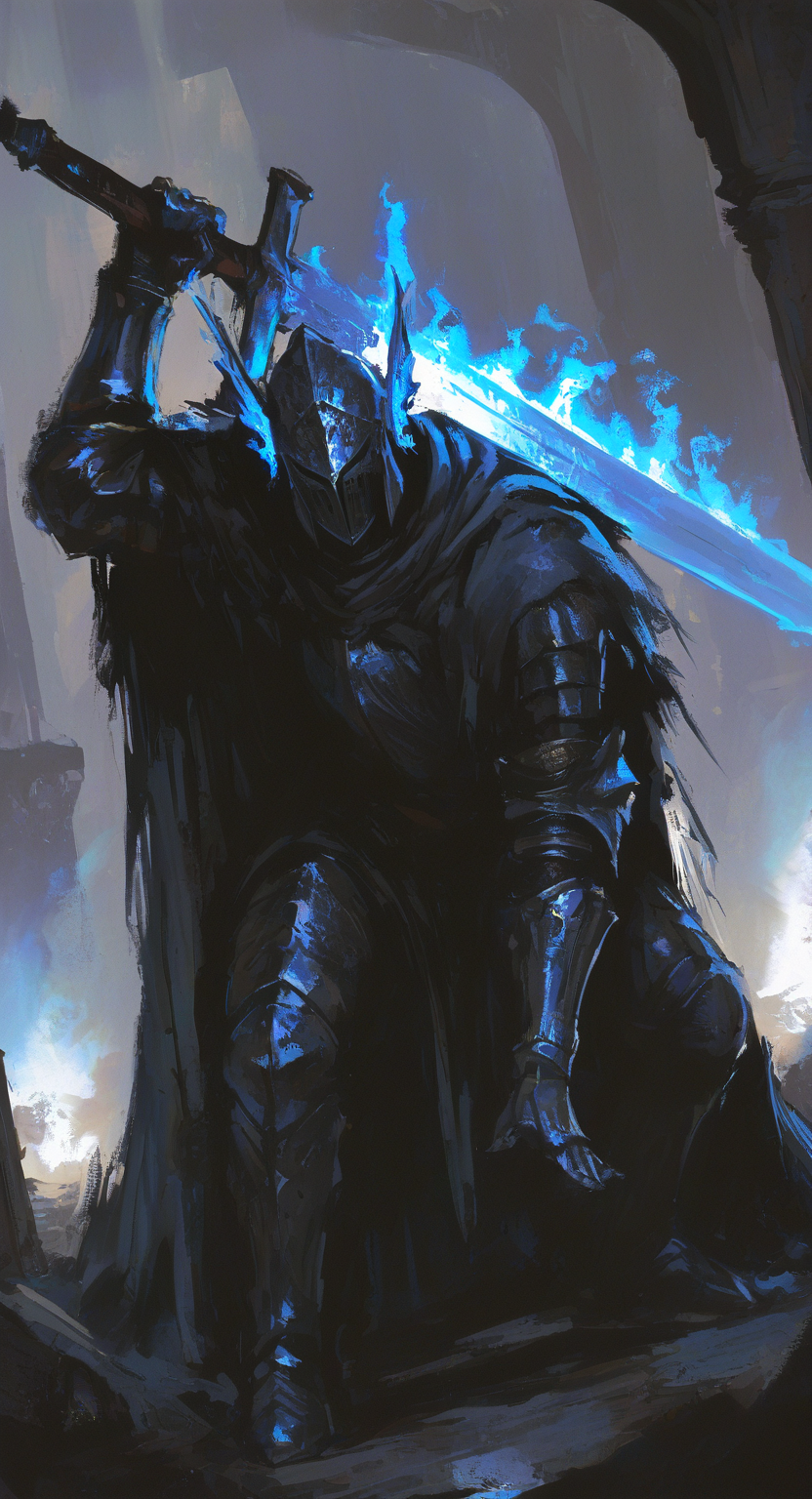 masterpiece, best quality, good quality, very awa,highres, very aesthetic, absurdres, newest,  1other, armor, blue fire, fire, flaming sword, flaming weapon, full armor, gauntlets, greatsword, helmet, holding, holding sword, holding weapon, looking at viewer, other focus, over shoulder, standing, sword, sword over shoulder, weapon, weapon over shoulder, winged helmet, Attack Stance,Half squat,Lean forward slightly,cloak,
Dutch Angle <lora:ponyv5_noobV065S_1_adamW-000013:0.7> <lora:USNR_STYLE_XL_lokr:0.45> <lora:748cmSDXL:0.4> <lora:shiej007:0.7>