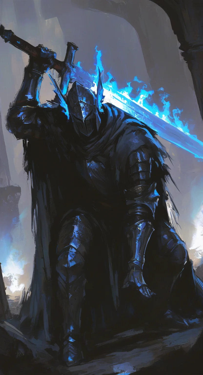 masterpiece, best quality, good quality, very awa,highres, very aesthetic, absurdres, newest,  1other, armor, blue fire, fire, flaming sword, flaming weapon, full armor, gauntlets, greatsword, helmet, holding, holding sword, holding weapon, looking at viewer, other focus, over shoulder, standing, sword, sword over shoulder, weapon, weapon over shoulder, winged helmet, Attack Stance,Half squat,Lean forward slightly,cloak,
Dutch Angle <lora:ponyv5_noobV065S_1_adamW-000013:0.7> <lora:USNR_STYLE_XL_lokr:0.45> <lora:748cmSDXL:0.4> <lora:shiej007:0.7>