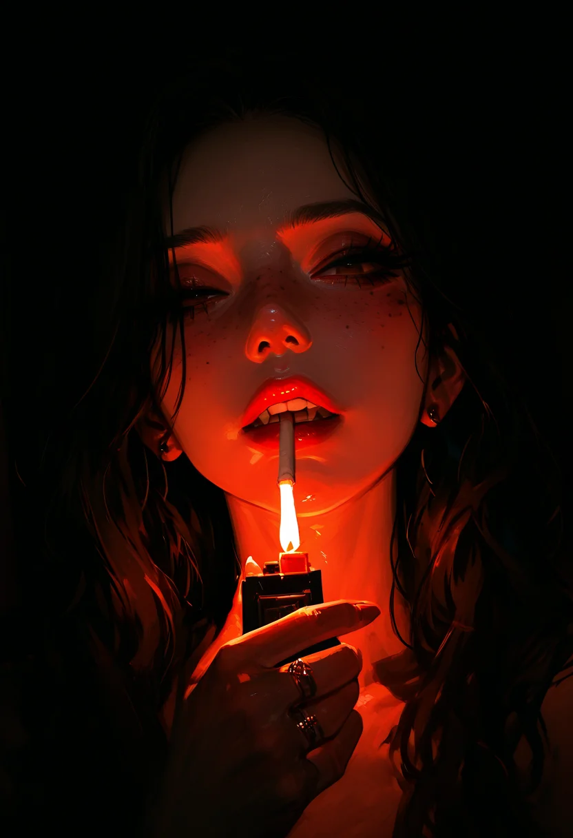 masterpiece, best quality, good quality, very awa, very aesthetic, absurdres, newest, 1girl, solo, long_hair, looking_at_viewer, black_hair, 1girl, solo, long_hair, brown_hair, holding, jewelry, closed_eyes, earrings, parted_lips, teeth, hair_over_one_eye, fingernails, eyelashes, lips, mole_under_eye, Pale skin,upper_teeth_only, makeup, half-closed_eyes, mouth_hold, ring, portrait, fire, lipstick, facing_viewer, close-up, freckles, cigarette, nose, smoking, stud_earrings, red_lips, mascara, lighter, teeth_hold, realistic, Cinematic Lighting,Shadow,backlit, backlighting <lora:ponyv4_noob1_2_adamW-000017:0.7> <lora:USNR_STYLE_XL_lokr:0.45> <lora:748cmSDXL:0.4> <lora:backlitILL:0.6>