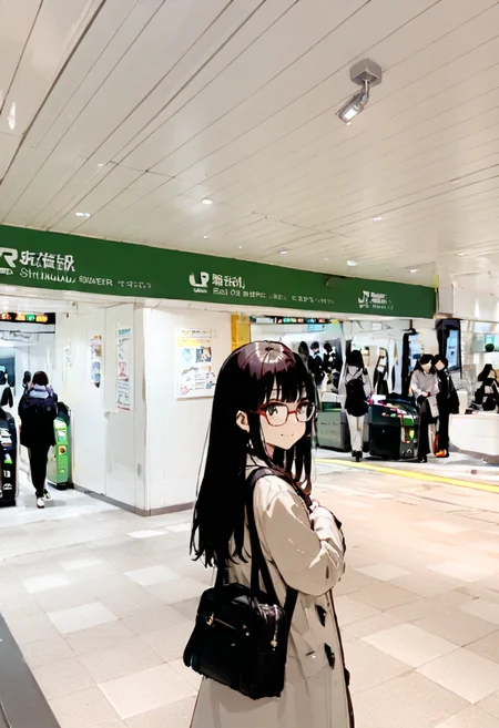 1girl, solo, glasses, black hair, long hair, duffle coat, black bag, smile, looking at viewer, solo focus,
higashikaisatsu, shinjuku, entrance, scenery, indoors, real world location
masterpiece, best quality,  <lora:shinjuku_higashiguchi_SDXL_V1:1>