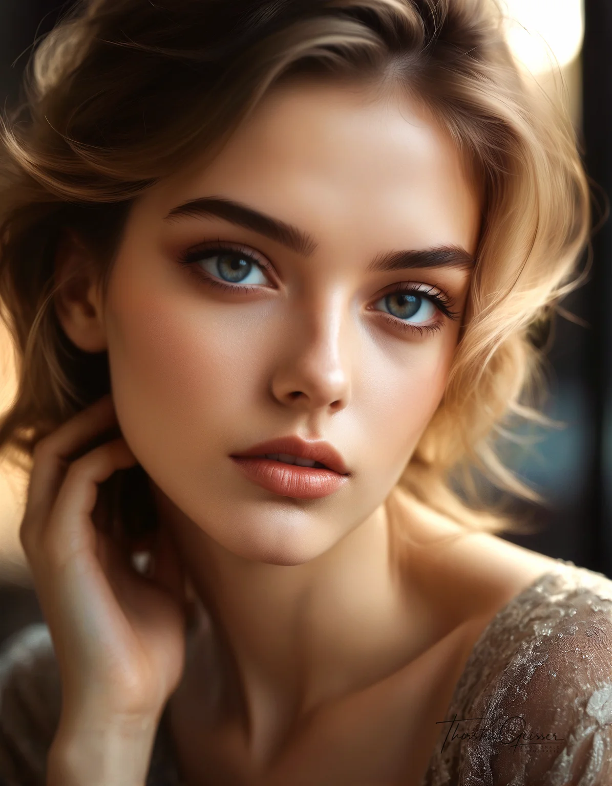 cinematic photo Close-up portrait of a stunningly beautiful supermodel, around 20 years old, her features a mesmerizing blend of classic elegance and modern edge. Her eyes sparkle with confidence and allure, drawing the viewer in. Her skin is flawless, her lips full and inviting. Her hair, a cascade of [Haarfarbe], frames her face perfectly, styled in a [Frisur] that exudes effortless chic. She wears a [Outfit], accentuating her curves and highlighting her natural grace. The background is a [Hintergrund], adding an unexpected and captivating element to the composition. The overall effect is one of breathtaking beauty, confidence, and undeniable sex appeal.  Style: Hyperrealistic, with a touch of fashion editorial flair. Emphasize the model's striking features, flawless skin, and captivating gaze. Experiment with unconventional angles and lighting to create a truly unique and memorable portrait.  . 35mm photograph, film, bokeh, professional, 4k, highly detailed