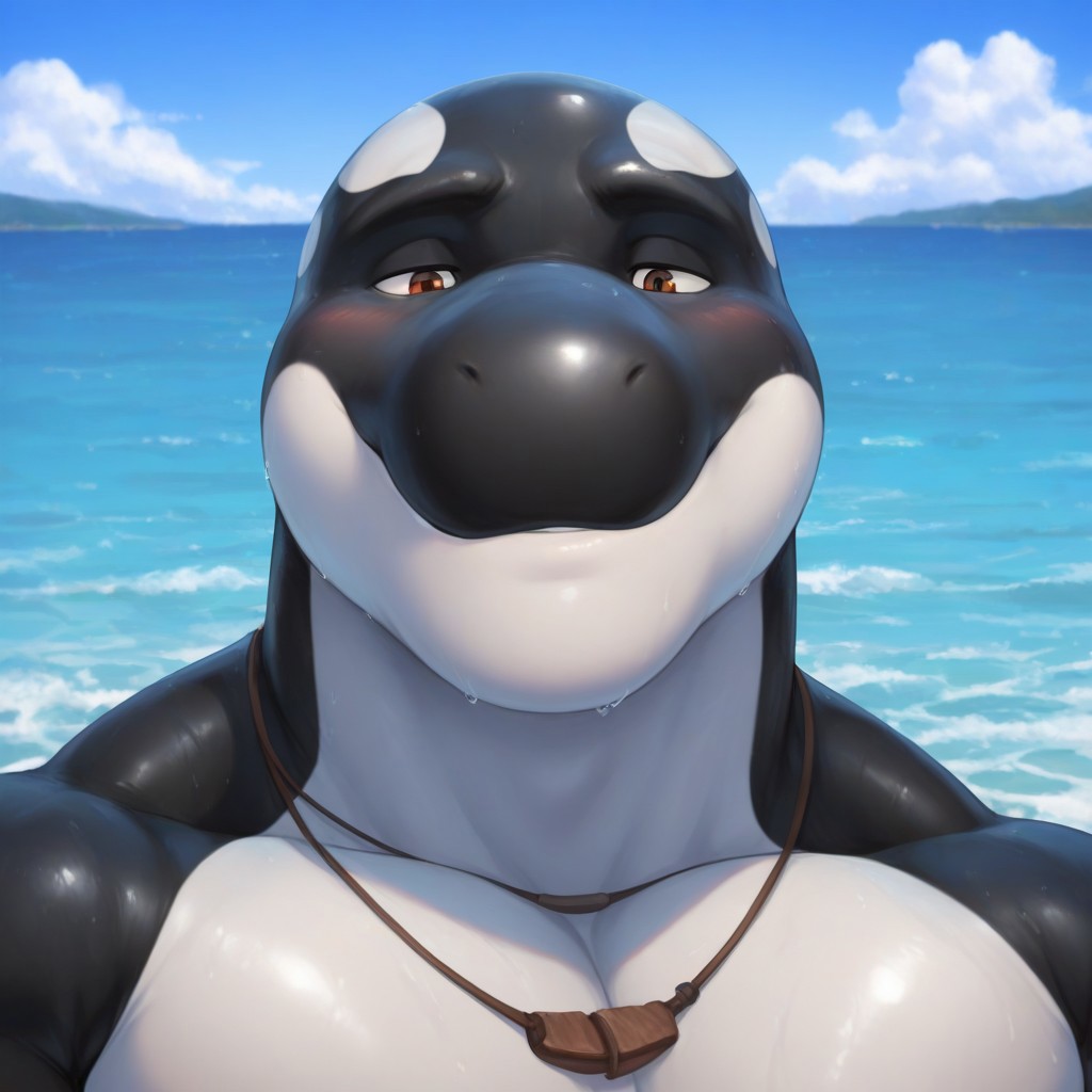 masterpiece, best quality, newest, absurdres, highres, solo, 1boy, Akamai, anthro orca, bara, face focus, ocean background, necklace, huge body, buff,
