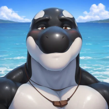 masterpiece, best quality, newest, absurdres, highres, solo, 1boy, Akamai, anthro orca, bara, face focus, ocean background, necklace, huge body, buff,