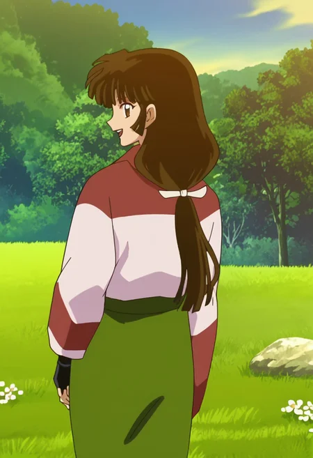 score_9, score_8_up, score_7_up, score_6_up, score_5_up, source_anime, rating_safe, best quality, extremely detailed, highres, perfect detailed, 8k, masterpiece, parody (InuYasha style), absurdres, official art, official style, InuYasha artstyle, anime coloring, retro style, flat shadows, anime screencap
BREAK Sango, 1girl, brown eyes, brown hair, black hair, long hair, low-tied long hair, makeup, bangs, Japanese clothes, kimono, green skirt, skirt, fingerless gloves, gloves, open mouth, smile, standing, from behind, looking back, straw sandals, confused
BREAK grass, beautiful flower field, forest, trees, blue sky, sky