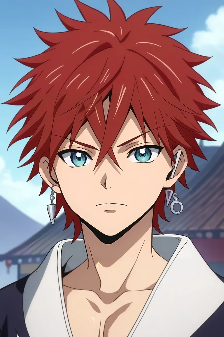 score_9, score_8_up, score_7_up, source_anime, rating_safe, , anime screencap, anime coloring, , looking at viewer, , 1boy, solo, male focus, <lora:musashi_orient_pony:0.84>, musashi_orient, red hair, blue eyes, short hair, spiked hair, hair between eyes, earrings, jewelry, , , <lora:sdxl_lightning_8step_lora:1>