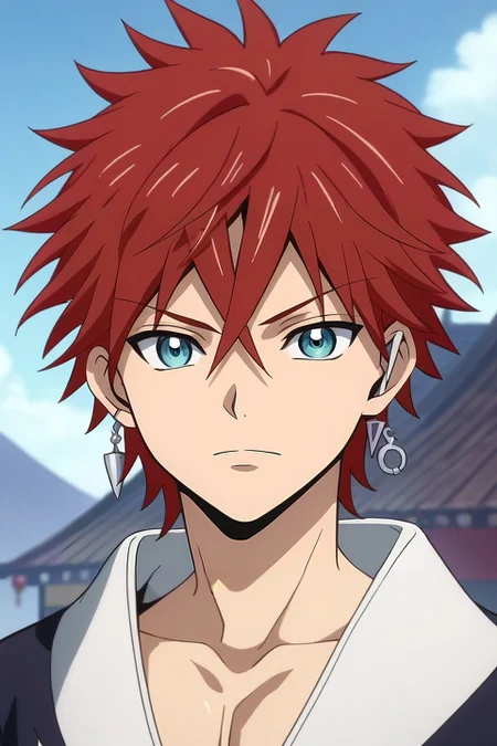 score_9, score_8_up, score_7_up, source_anime, rating_safe, , anime screencap, anime coloring, , looking at viewer, , 1boy, solo, male focus, <lora:musashi_orient_pony:0.84>, musashi_orient, red hair, blue eyes, short hair, spiked hair, hair between eyes, earrings, jewelry, , , <lora:sdxl_lightning_8step_lora:1>