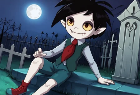 1boy, solo, 1boy, solo focus, Oskar, pale skin, Black Hair, Pointed Ears, Fangs, red necktie, vest, shorts, small smile, sitting a in graveyard, full moon, c4stl3