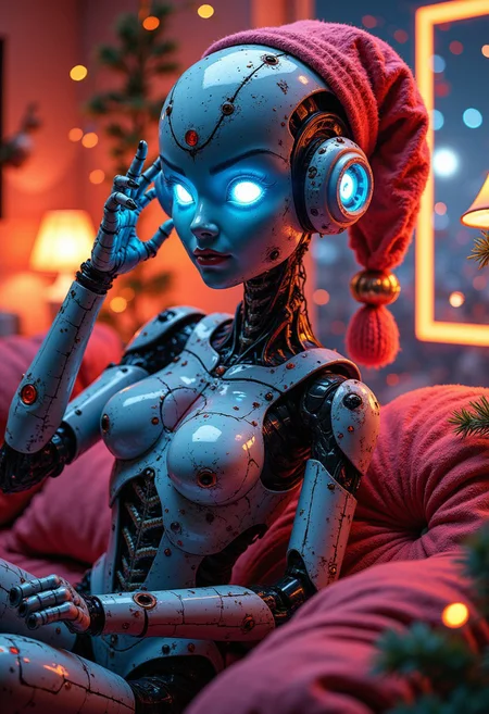 masterpiece, highest quality, (futuristic:1.5) christmas living room, (Robot Barbie:1.4) with metallic features, neon accents, (holographic decorations:1.3), sleek furniture, vibrant colors, (glowing ornaments:1.2), cybernetic enhancements, (dynamic lighting:1.1), high-tech gadgets, intricate details, moody atmosphere, by Hajime Sorayama, cinematic composition, trending on ArtStation