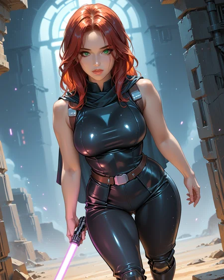 PonyScores7, source_anime, ah1, 1girl, long hair, mature female, (parted hair:1.7), (curvy), round-chin, caucasian, skindentation, thick thighs, wide hips, busty, voluptuous, lips, bad-hands-5, <lora:venus body PonyXL:0.6>, <lora:xl_more_art-full_v1:0.3>, <lora:shinyskin2:0.3> glistening skin, <lora:aesthetic_anime_v1s:0.3>, <lora:Expressive_H:0.3> Expressiveh, <lora:hairdetailpxl:0.3> hairdetailpxl, <lora:EpicF4nta5yXL:0.3>, <lora:detailxl:0.3> detailxl, <lora:Fant5yP0ny:0.3>, best quality, amazing quality, best aesthetic, absurdres, <lora:expressive eyes:0.3> expressive eyes, <lora:eyedetailpxl:0.3> eyedetailpxl, illustration, Volumetric_Lighting, ultra-detailed, very aesthetic, intricate details, 8k, masterpiece, best_quality, (Wistful, A face expressing longing, often with a far-off gaze), (Dutch Angle (from behind) view Extreme Close shot), (She lies on her back, her arms stretched out above her head), <lora:Eyes_High_Definition:0.3> EyesHD, looking at viewer, Stable_Yogis_PDXL_Positives, AS-Adult, <lora:Mara_Jade_Skywalker:0.8> Mara Jade, Red hair, green eyes, black high heeled boots, (a purple-bladed lightsaber), (heavy woolen black cloak, sleeveless leather cat suit), in sith-throne-room , at dawn, star_wars, <lora:Plasma_Sword:0.8> purple Plasma Sword, Holding Plasma Sword
