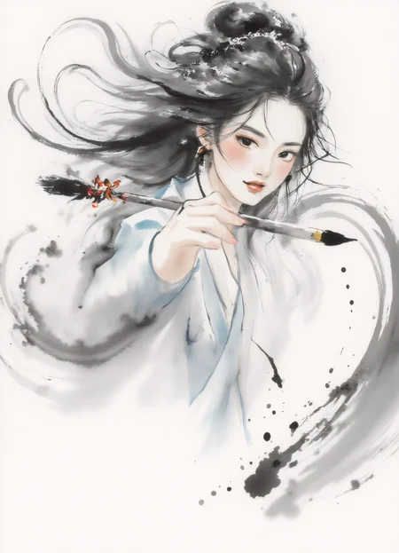 zydInk, , a Chinese girl, dynamic pose, close-up portrait, focus on face, long hair. holding a large Chinese brush, writing on viewer's screen. abstract and dynamic background, swirling ink strokes, motion and energy around the figure.