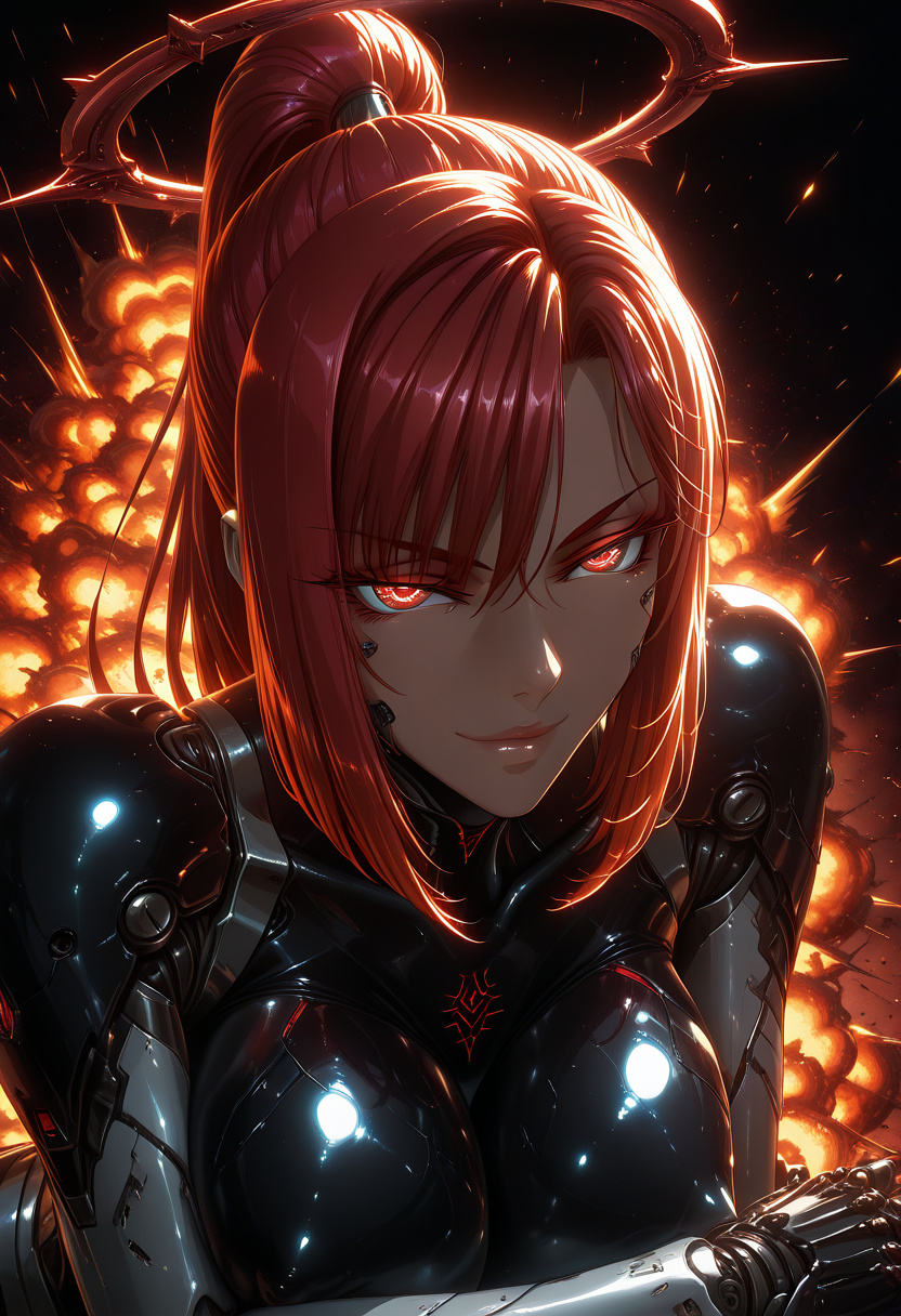 masterpiece,best quality,amazing quality, absurdres, extremely detailed, detailed face, detailed eyes, rating explicit, nsfw, uncensored, kagami_hirotaka,
1girl, female cyborg, female android, long red hair, ponytail,  seductive smile,  large breasts, solo, close up, dark heavy mech, halo, dynamic action pose, mechanical details, high contrast, explosion in the background
<lora:kagami_hirotaka_illustrious:1>, <lora:SexyWaifuLicious:0.8>, <lora:dark_art_style_illustriousXL:0.8>, dark_art_style