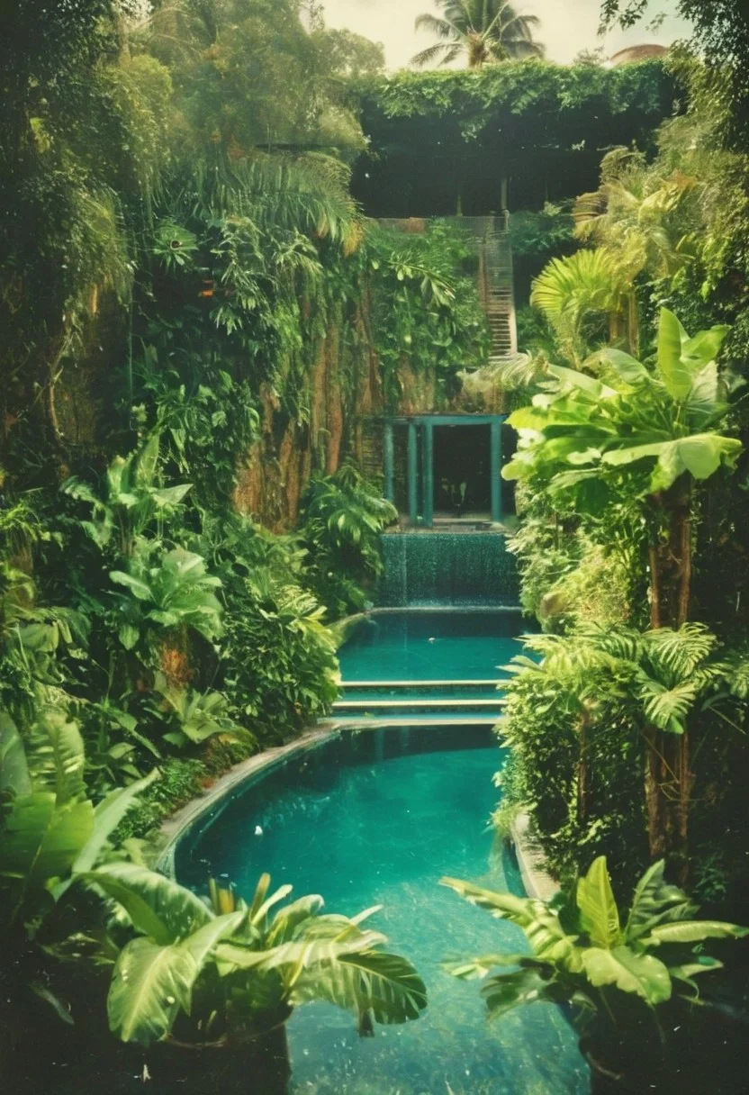 highly detailed and hyper realistic photo, Pulp Fiction style, high-contrast monochrome palette, subtle grain, timeless feeling, cinematic quality, modern art photograph, A breathtaking photo capturing the magnificence of the Hanging Gardens of Babylon The image showcases the immense, lush terraces with cascading steps around a vibrant crystal turqoise and deep blue tiled swimming lake inviting to take a bath, lavishly adorned with marble and crafted from the finest stones. The pastel-hued tiled steps are teeming with exotic plants, creating a vibrant and verdant paradise. Birds flit gracefully among the foliage, adding to the enchanting ambiance of this ancient marvel., , limited dark palette, vibrant colors, faded, atmospheric haze, highly dramatic cinematic lighting, motion blur, film grain, professional, excellent composition, finest details, maximized details, ultimate detail level, masterpiece, best quality, ISO 300, 1/250s, F/2,8, 38 mm, extremely high quality RAW photograph, 4k, sharp focus, high resolution, 8k UHD, DSLR, high quality, film grain, Fujifilm XT3