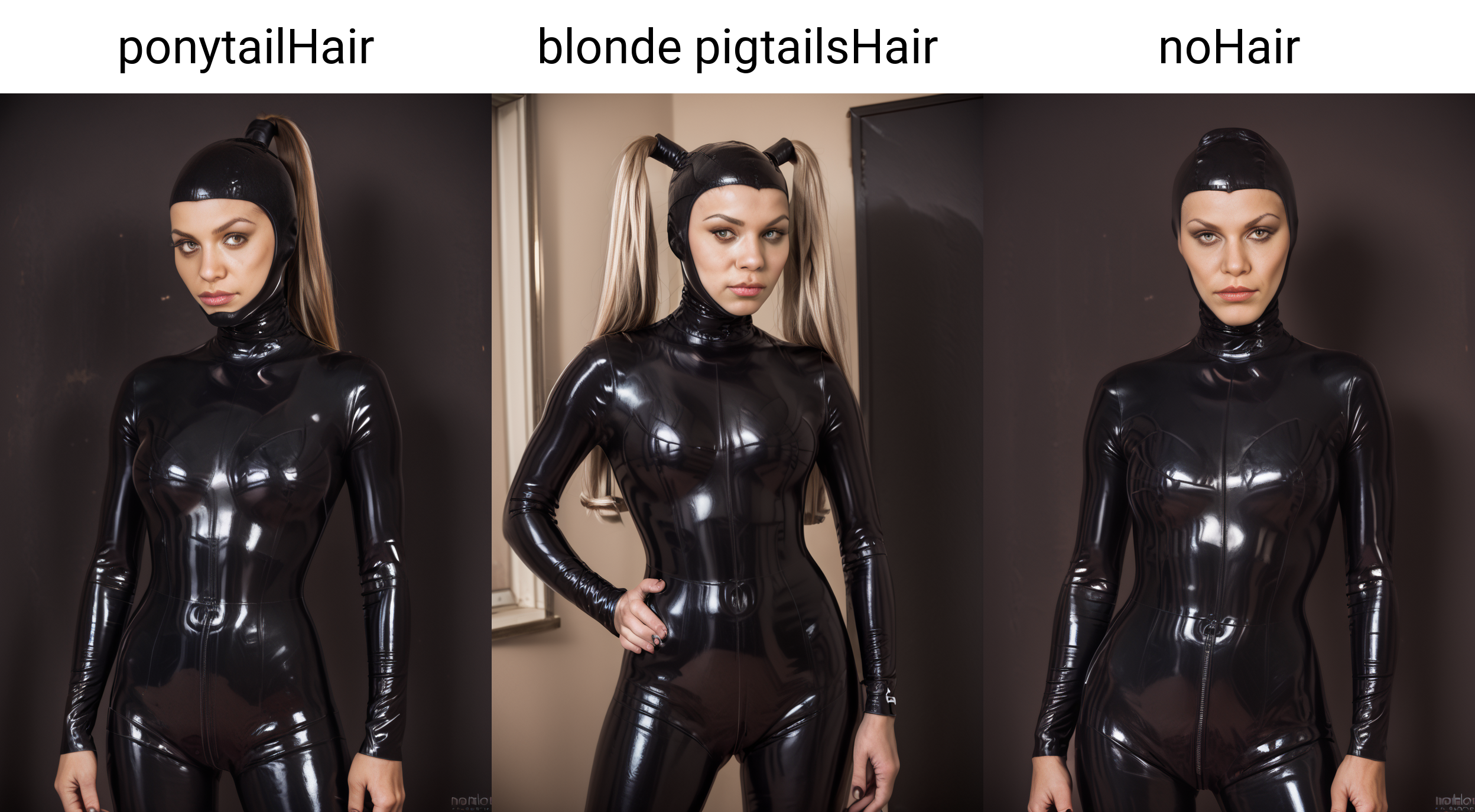 score_9, score_8_up, score_7_up, score_6_up, score_5_up, score_4_up,, BREAK
ponytailHair, 1girl, solo,  openFacedHood, ,,black latex catsuit,  simple background  <lora:openFacedHoodPony:1>,  portrait