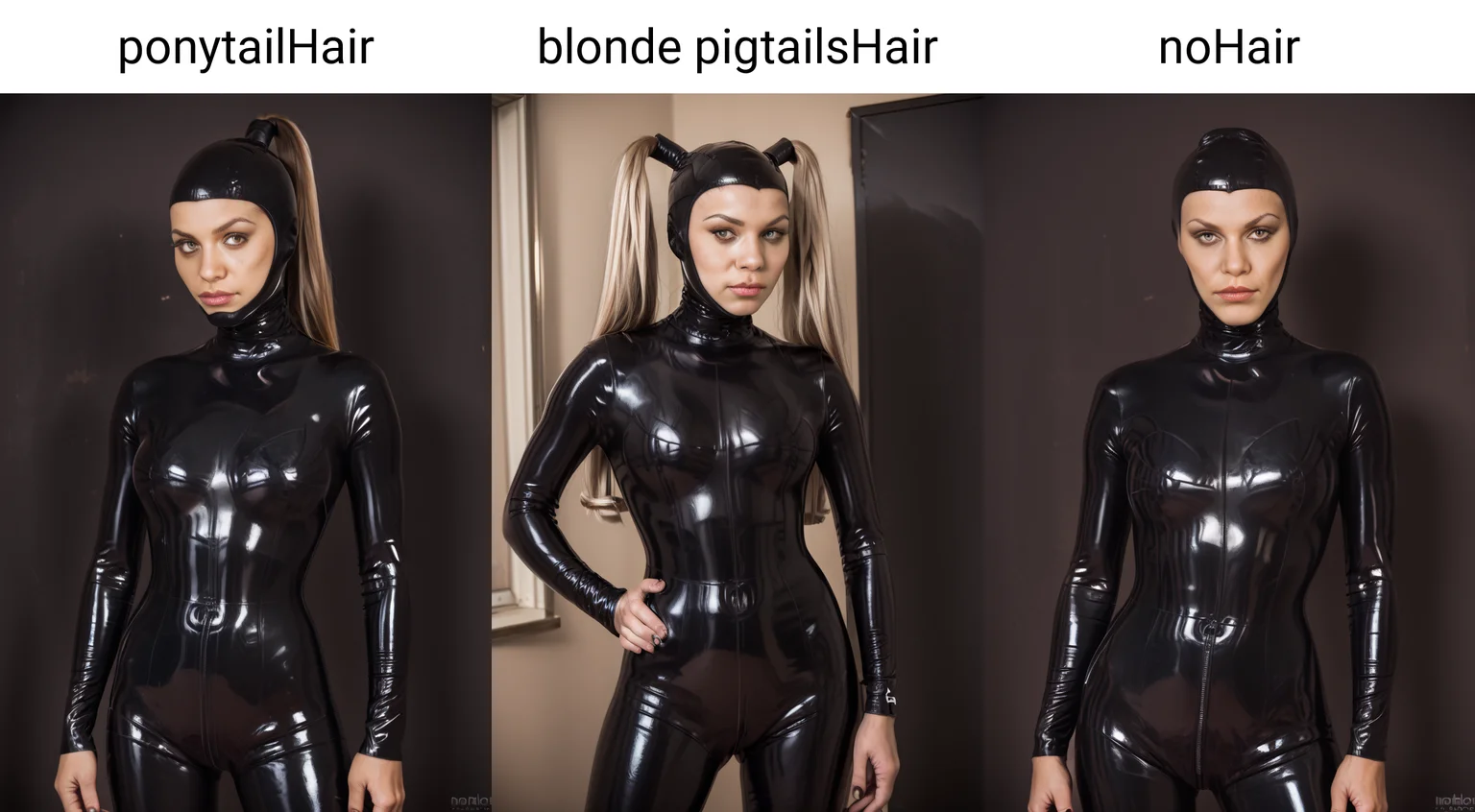 score_9, score_8_up, score_7_up, score_6_up, score_5_up, score_4_up,, BREAK
ponytailHair, 1girl, solo, openFacedHood, ,,black latex catsuit, simple background <lora:openFacedHoodPony:1>, portrait
