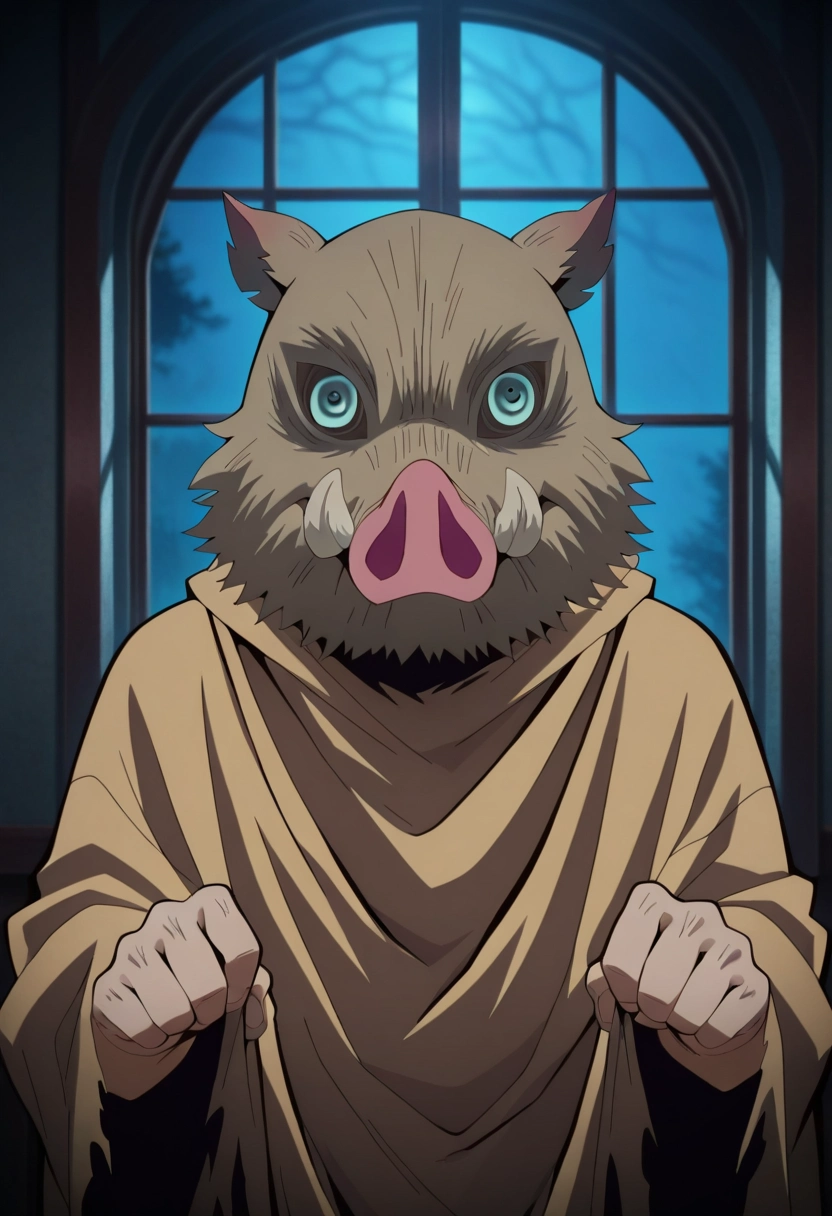 masterpiece, best quality, , anime screencap, anime coloring, official style, looking at viewer, 1boy, solo, male focus, <lora:inosuke_hashibira_ilxl:1>, inosuke_hashibira, , boar mask, haunted mansion, dusty halls, cobweb corners, old portraits, investigating pose, nervous expression, moonlight, zombie costume