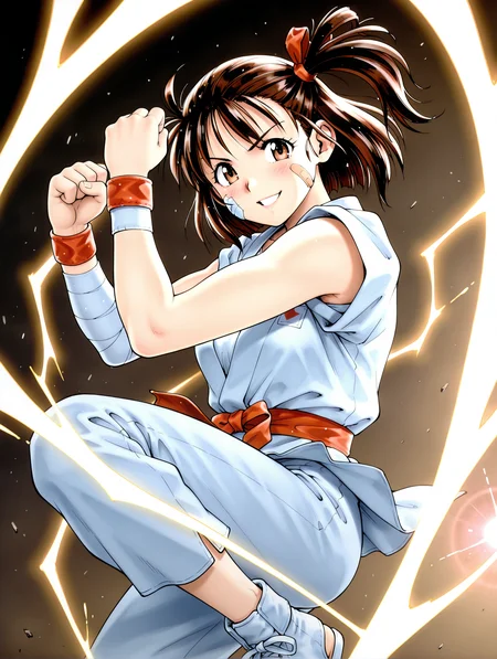 masterpiece,best quality,newest,1girl,solo,
<lora:i_ryouko_ilxl_v1.2:1>,
ryouko,brown hair,Side ponytail,ribbon,r_clothes,bandaid on face,bandaged arm,r_sneakers,toeless legwear,<lora:Fixhands_anime_bdsqlsz_V1:1>,cinematic_angle,looking_at_viewer,white_background,simple_background,dynamic_angle,upper_body,electricity,magic,fist,own hands together,orb,lens_flare,looking at viewer,(motion_blur:1.3),(motion line:1.2),(speed_lines:1.1),aura effect,open hands,fighting_stance,fighting,smile,light_blush,parted lips,