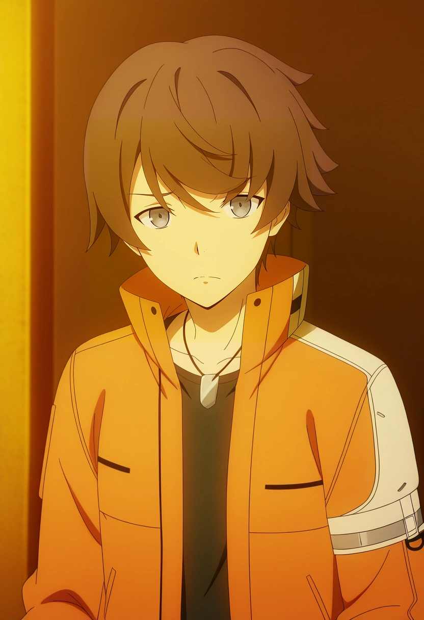 masterpiece, best quality, , anime screencap, anime coloring, official style, looking at viewer, 1boy, solo, male focus, <lora:kanata_synduality_noir_ilxl:0.98>, kanata_synduality_noir, brown hair, grey eyes, short hair, , necklace, orange jacket, disappointed expression, slouched posture, wide eyes, resting pose, soft light,