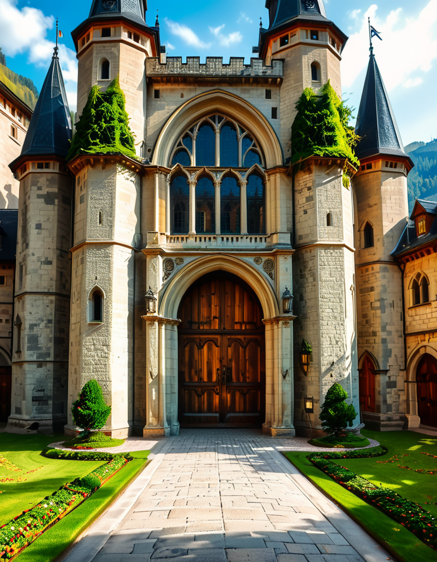 A highly detailed and realistic photograph of the massive entrance door of a medieval castle. The heavy wooden door is reinforced with large iron studs and intricate metalwork, set within a grand stone archway. The aged stone walls surrounding the entrance are weathered, covered in patches of moss and ivy, giving a sense of ancient history.
The cobblestone pathway leading to the door is slightly worn, with scattered fallen leaves and small tufts of grass growing between the stones. Above the entrance, a small, narrow window or arrow slit adds to the castleâs defensive design. The scene is illuminated by soft, natural light, casting shadows that highlight the textures of the stone and wood. The atmosphere is mysterious and majestic, evoking a sense of medieval grandeur.
<lora:SDXLFaeTastic2400:0.4> <lora:extremely_detailed:0.4> extremely detailed,  <lora:medieval_c4stl3_d00r:1>,medieval c4stl3 d00r, Masterpiece,best quality,hi res,8k,hi res,8k,award winning,(sharp focus, intricate, highly detailed),