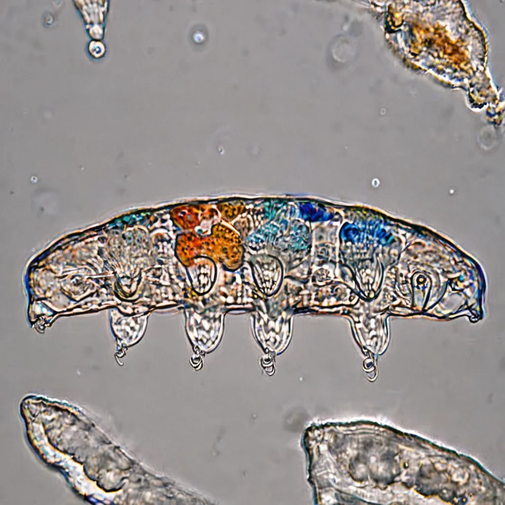 A tardigrade under a microscope, background nebula in space, vibrant colors, 8k, High definition, vibrant colors <lora:Tardi:.8>