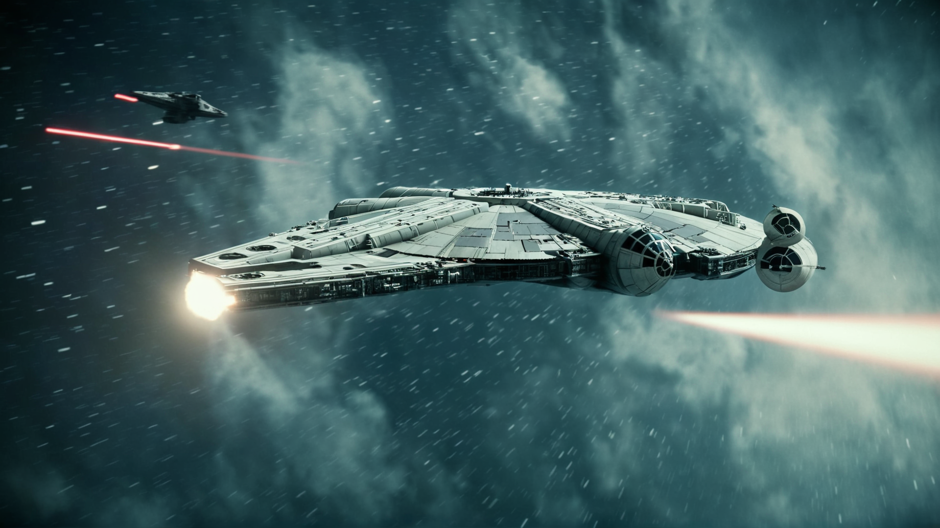 cinematic film still of  <lora:star wars style v2:0.2>
<lora:detailed:0.2> 
<lora:perfection style:0.2>
<lora:Ron Fricke style:0.1>
 <lora:Millennium Falcon:0.9>
Millennium Falcon (YT-1300 light freighter) a star destroyer flying through space with a bright light from behind,backlight,no humans,scenery,science fiction,realistic,space,vehicle focus,spacecraft,concept art,lights,thrusters , star wars style, shallow depth of field, vignette, highly detailed, high budget, bokeh, cinemascope, moody, epic, gorgeous, film grain, grainy
