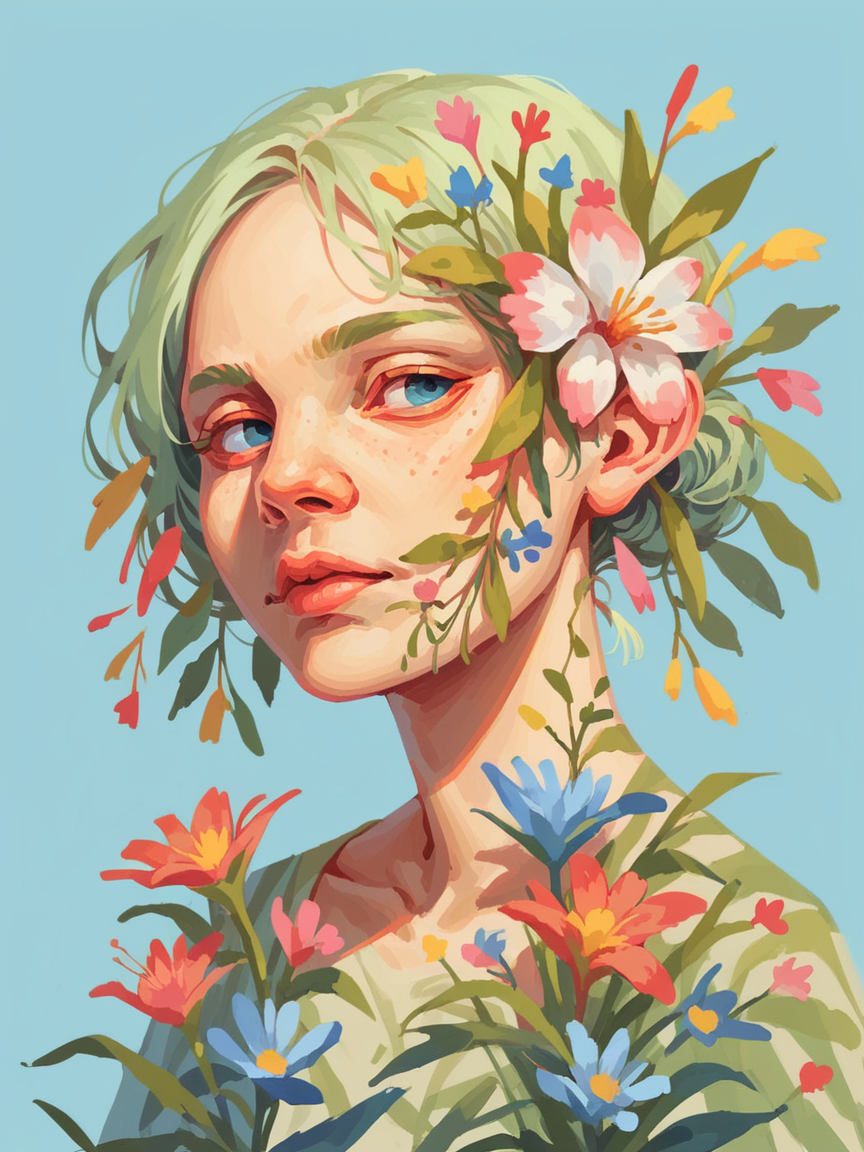 score_9, score_8_up, score_7_up, score_6_up, r1s0, solo, simple background, portrait, plant, blue background, 1girl, flower <lora:r1s0XLP:0.8>
