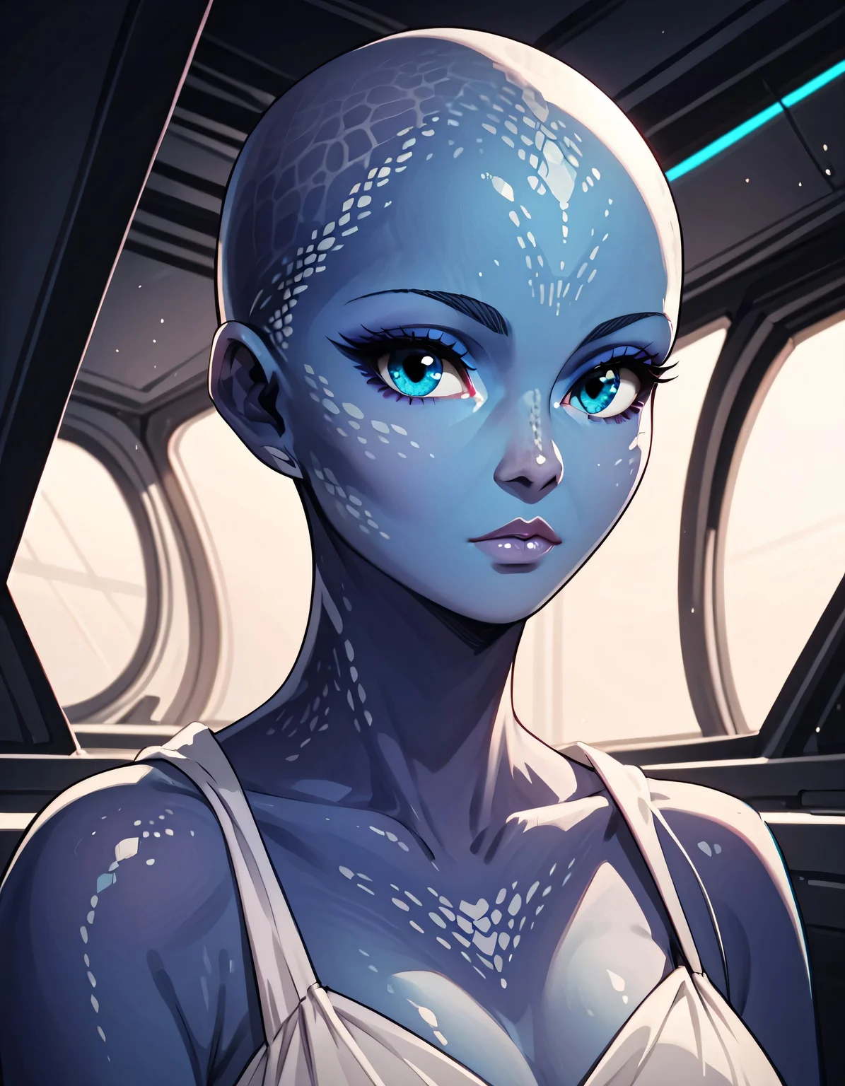 score_9, score_8_up, score_7_up, score_6_up, score_5_up, score_4_up, 1girl, zhaan, beautiful, blue skin, alien skin, blue eyes, pretty face, solo, silk sari, looking at viewer, bald, interior: dark space ship, <lora:OOPS-000007:0.7> <lora:NeonLights_VPS:1.0> n30n, neon lights, dramatic lighting