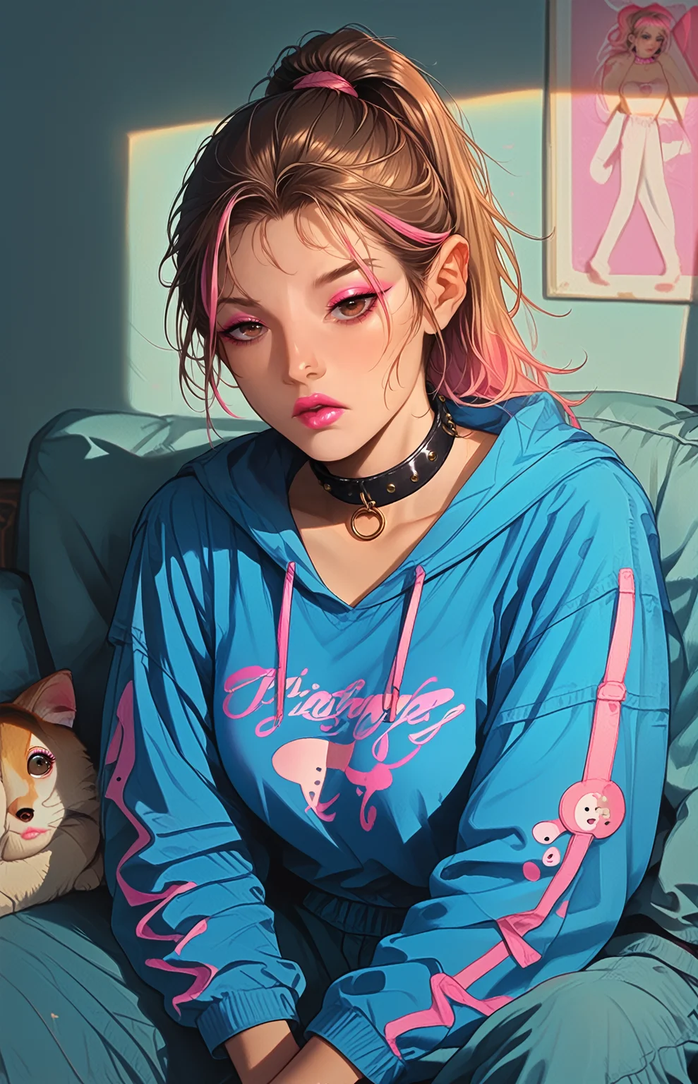 score_9,score_8_up,score_7_up, perfect hands, detailed background, smooth skin, detailed background, ukiyo-e, shiny skin, tiny blue couch, watching tv, tv light only, wide shot, printed onesie, neon light
(1 female), brown hair, pink highlights, high ponytail, detailed hair, large breasts, pale pink lipstick, detailed brown eyes, pink glossy eyeshadow, elongated Eyeliner, leather collar, horny
<lora:add-detail-xl:1> <lora:CORE:1> <lora:GarvGirlsPony:1> <lora:Eyes:00.5> <lora:S1_Dramatic_Lighting_v2:0.7> s1_dram