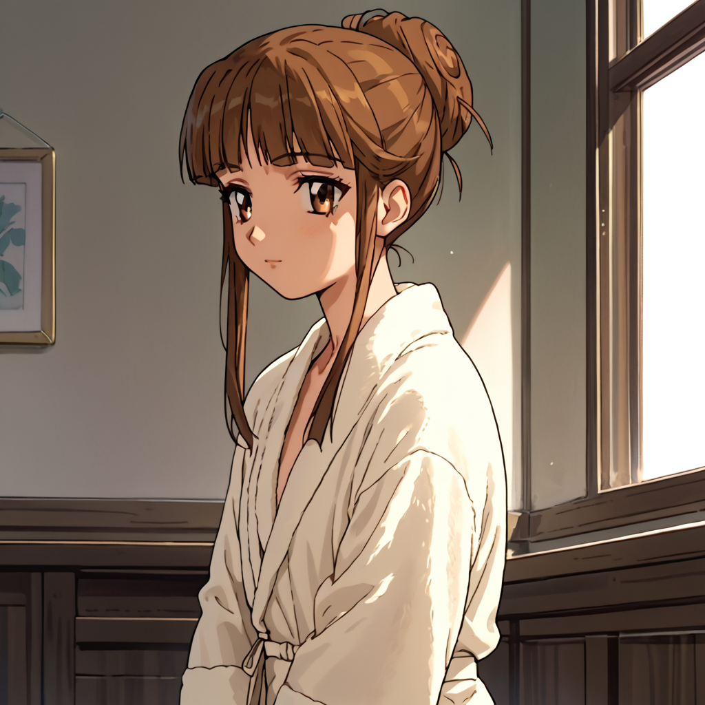 anime colouring, score_9, score_8_up, score_7_up, score_6_up, indoors,  <lora:Uruka_Sumeragi_ç_ããã_-_Steel_Angel_Kurumi_2_é¼éå¤©ä½¿ããã¿2å¼:1> uruka sumeragi, uruka, 1girl, solo, brown hair, long hair, blunt bangs, side locks, brown eyes, outfit-B, White bathrobe, Slippers, Single hair bun