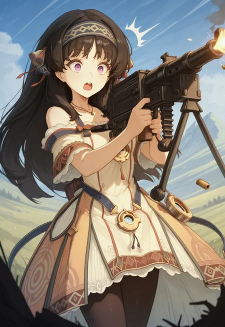 masterpiece, best quality, very aesthetic, absurdres,1girl, atslstera, long hair, black hair, hairband, purple eyes, slsteradef, beige dress, multicolored dress, print dress, necklace, off-shoulder dress, medallion, blue belt, bare shoulders, black pantyhose, (shocked:1.3) open mouth,  light blush, aiming a vkrsmmg medium machine gun weapon, outdoor, muzzle flash, bullet tracer, smoke, 