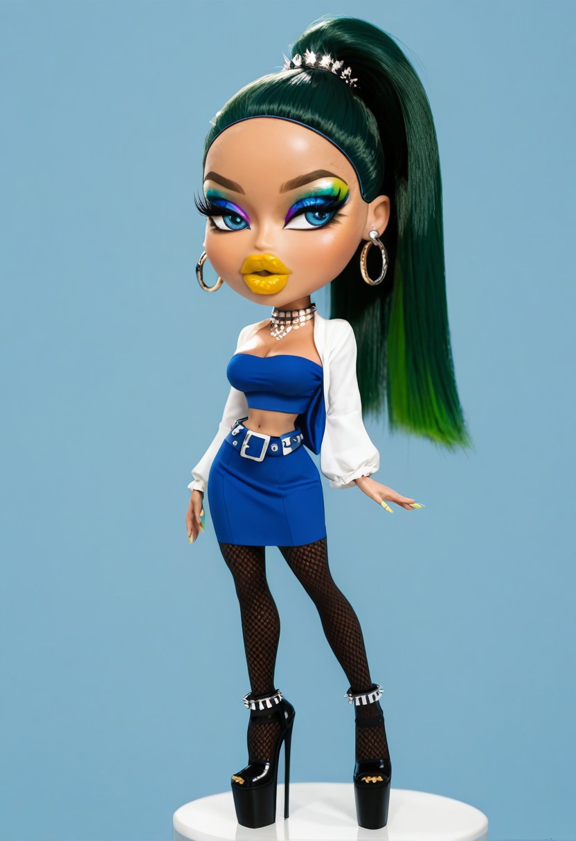 score_9,score_8_up,score_7_up,score_6_up,, bratzxl,Bratz doll with detailed eyes and big lips wearing versace dress, breasts, full body , plastic skin , (((doll joints))), (masterpiece, top quality, best quality, beautiful and aesthetic:1.2), (((daiyousei))), doll, chibi, bimbo, (((big head))), daiyousei, green hair, blue eyes, hair ribbon, blue vest, white shirt, long sleeves, straight hair, blue skirt, fairy wings, ponytail, yellow ascot, beltskirt, thighhighs, hair_between_eyes, midriff, navel,(((makeup))), (((eyeshadow))), green eyeshadow, eyeliner, thick eyebrows, thick eyelashes, (((thick lips))),(((very thick lips))), bimbo lips, yellow lips, closed mouth, cowboy shot, (((earrings))), looking to the side, <lora:BratzXL:0.9>, high heels, platform heels, slutty_clothes, choker, thighhighs, fishnets, curvy, breasts, spiked choker, jewelry, bracelet, armlet, necklace, anklet, elbow gloves, belt, tube top, lingerie, cleavage, solo, simple background
