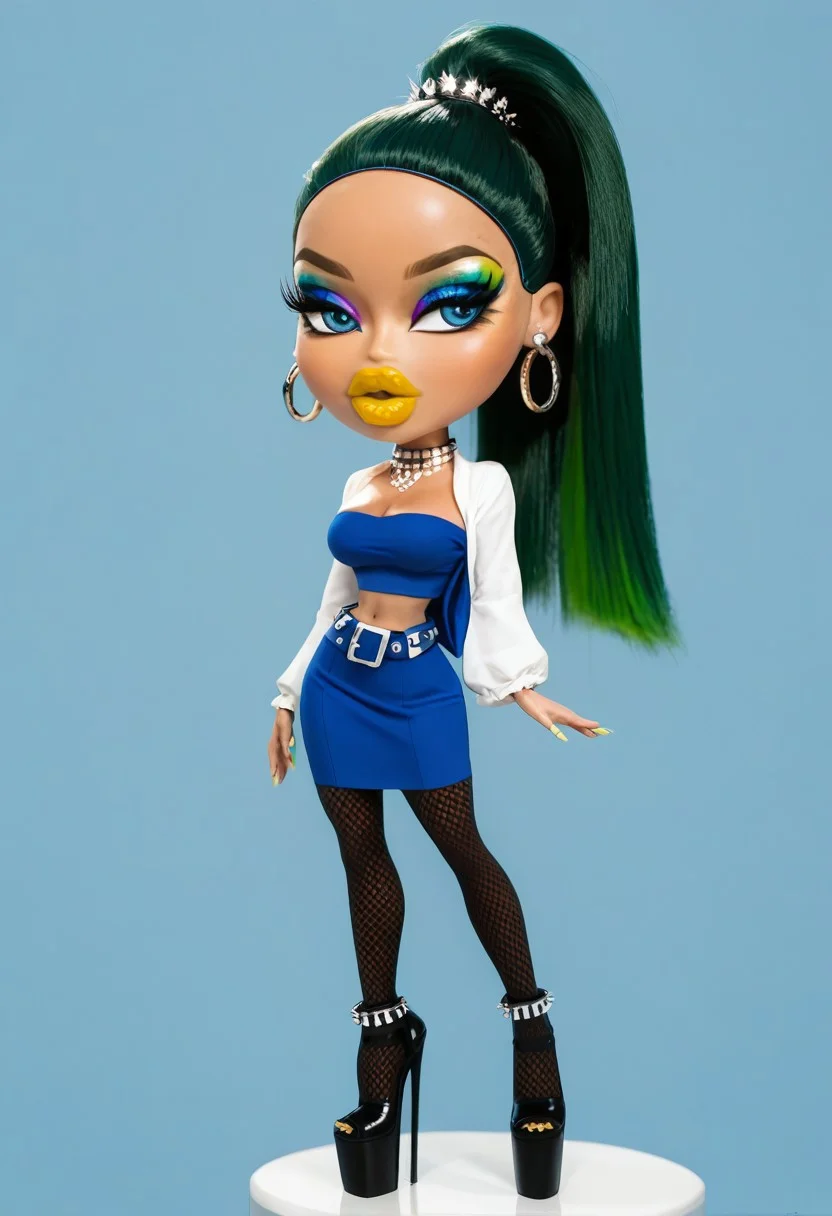 score_9,score_8_up,score_7_up,score_6_up,, bratzxl,Bratz doll with detailed eyes and big lips wearing versace dress, breasts, full body , plastic skin , (((doll joints))), (masterpiece, top quality, best quality, beautiful and aesthetic:1.2), (((daiyousei))), doll, chibi, bimbo, (((big head))), daiyousei, green hair, blue eyes, hair ribbon, blue vest, white shirt, long sleeves, straight hair, blue skirt, fairy wings, ponytail, yellow ascot, beltskirt, thighhighs, hair_between_eyes, midriff, navel,(((makeup))), (((eyeshadow))), green eyeshadow, eyeliner, thick eyebrows, thick eyelashes, (((thick lips))),(((very thick lips))), bimbo lips, yellow lips, closed mouth, cowboy shot, (((earrings))), looking to the side, <lora:BratzXL:0.9>, high heels, platform heels, slutty_clothes, choker, thighhighs, fishnets, curvy, breasts, spiked choker, jewelry, bracelet, armlet, necklace, anklet, elbow gloves, belt, tube top, lingerie, cleavage, solo, simple background