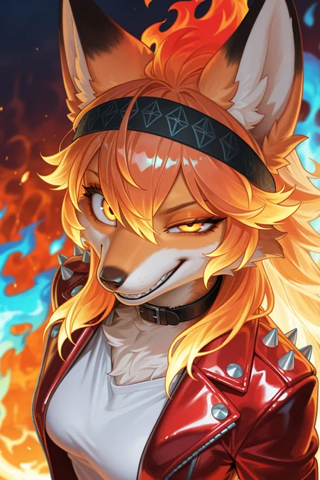 masterpiece, best quality, amazing quality, very aesthetic, high resolution, ultra-detailed, absurdres, newest, scenery, 1girl, furry, anthro, dark ambient, glow, anthro furry female orange fox, phoenix fox girl, orange fur, gradient hair, orange flame hair AND (blue flame hair:1.2), hair between eyes, glowing gradient orange yellow eyes, large eyes, uneven eyes, enface portrait, small, medium breasts, looking at viewer, intimidating, smirk, smug, grin, crazy smile, sharp teeth, black headband with fire pattern, black collar with white spikes, (flaming hot red leather_jacket:1.2) over white shirt, cinematic lighting, fluffy, portrait, face focus, dutch angle, from above, upturned eyes, (detailed multicolor fire forest background, fiery background:1.2), (blue fire:1.2) AND red fire, BREAK, detailed eyes, photorealistic details, depth of field, detailed fluffy fur, volumetric lighting