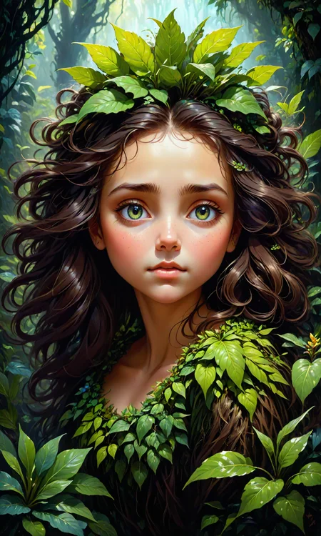 The cutest creature in the universe by greg rutkowski and thomas kinkade, Trending on artstation. Digital art. A vibrant digital oil painting. A highly detailed fantasy character illustration by Wayne Reynolds and Gustave Dore and Carl Monet and Gustave courbet, mysterious deep colors, featuring a woman's face with plants growing out of her hair <lora:Fast:0.69>