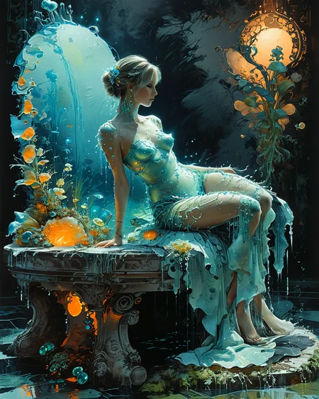 (nearly invisible female air organic bioluminescent patterns:1.9), lounging on a dais, full body, crystals, fountain, sheen, reflected light, hauntingly beautiful, hyperrealistic, ultra resolution, professional photo, <lora:xl_more_art-full_v1:0.4> , <lora:John Berkey Style:0.3> John Berkey Style page,