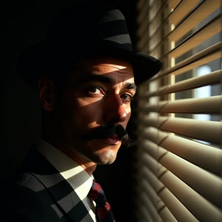 <lora:casting shadows style v1:1>
cucoloris, light modifier, casting shadows, A cucoloris patterned illumination casting a horizontal shadow on a man with a 1950's mustache and a moustache stares out of a window, solo, looking at viewer, black hair, 1boy, hat, male focus, facial hair, parody, realistic, mustache, cinematic, film, filmic, casting shadow, venetian blinds casting shadow light, shadow on face, face partially covered in shadow, different shadow, window casting shadow light, cinematography, detailed, detailed background, detailed face, high quality, 8k, cuculoris, kookaloris, cookaloris or cucalorus, light modifier, different light pattern, creative light, unique shadow, casting shadow style, necktie, dark skin, black eyes, fake screenshot, dark-skinned male, suit