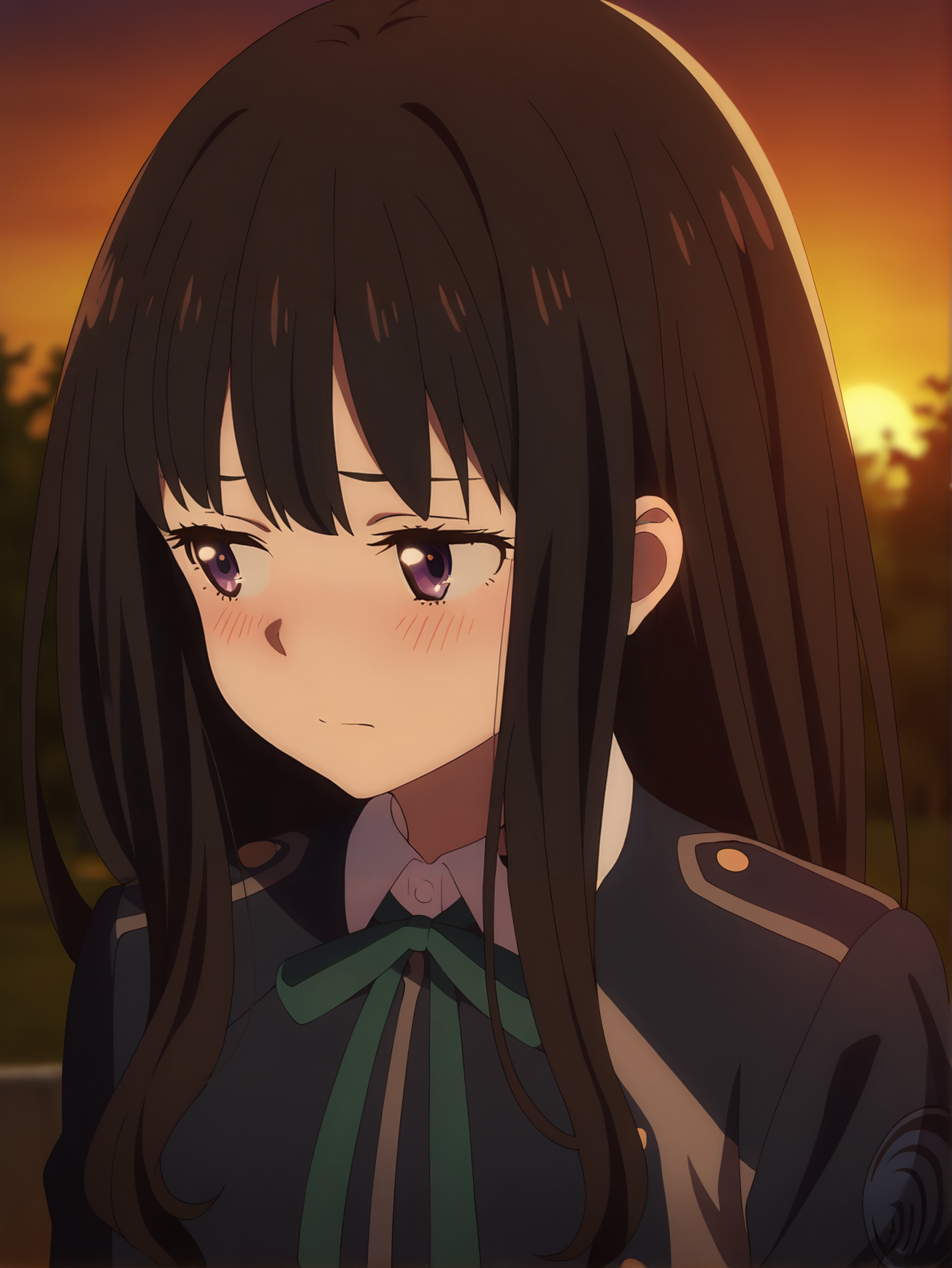 <lora:Takina_Inoue:0.8>, (cinematic lighting:1.2), inoue_takina, 1girl, solo, black long hair, purple eyes, blue lycoris uniform, logo on shoulder, green neck ribbon, white collared shirt, shy pose, hands behind, upper body, blushing, head down, looking away, sunset, nature