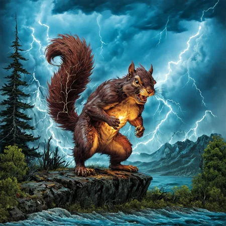 epic   <lora:Bob_Ross_ASMR_Style_XL:1>bob ross style painting  of scary scenery , squirrel demon monster <lora:monster:1.5> stormy sky  with lightning