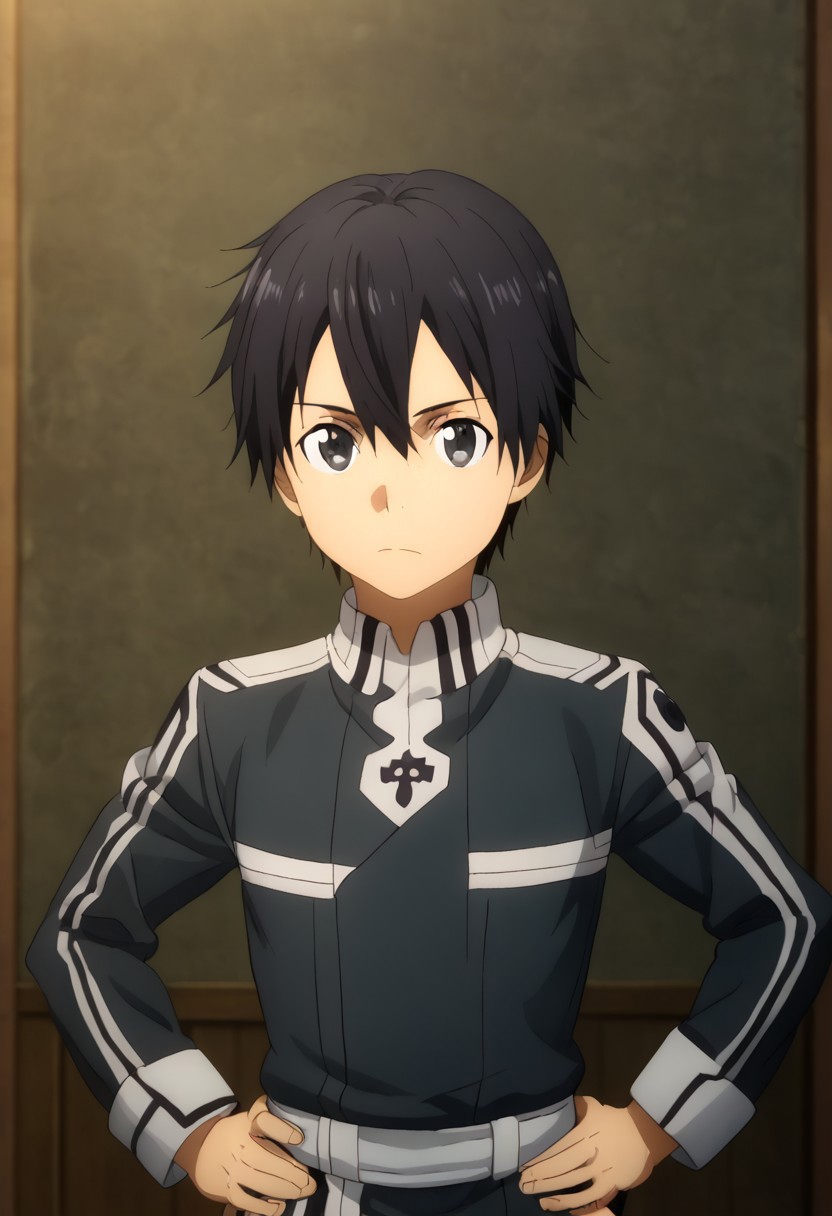 high resolution, solo, best quality, 1Boy, Kazuto Kirigaya, Black Hair, Black Eyes, Hands on hips, chin up, proud, superior,
