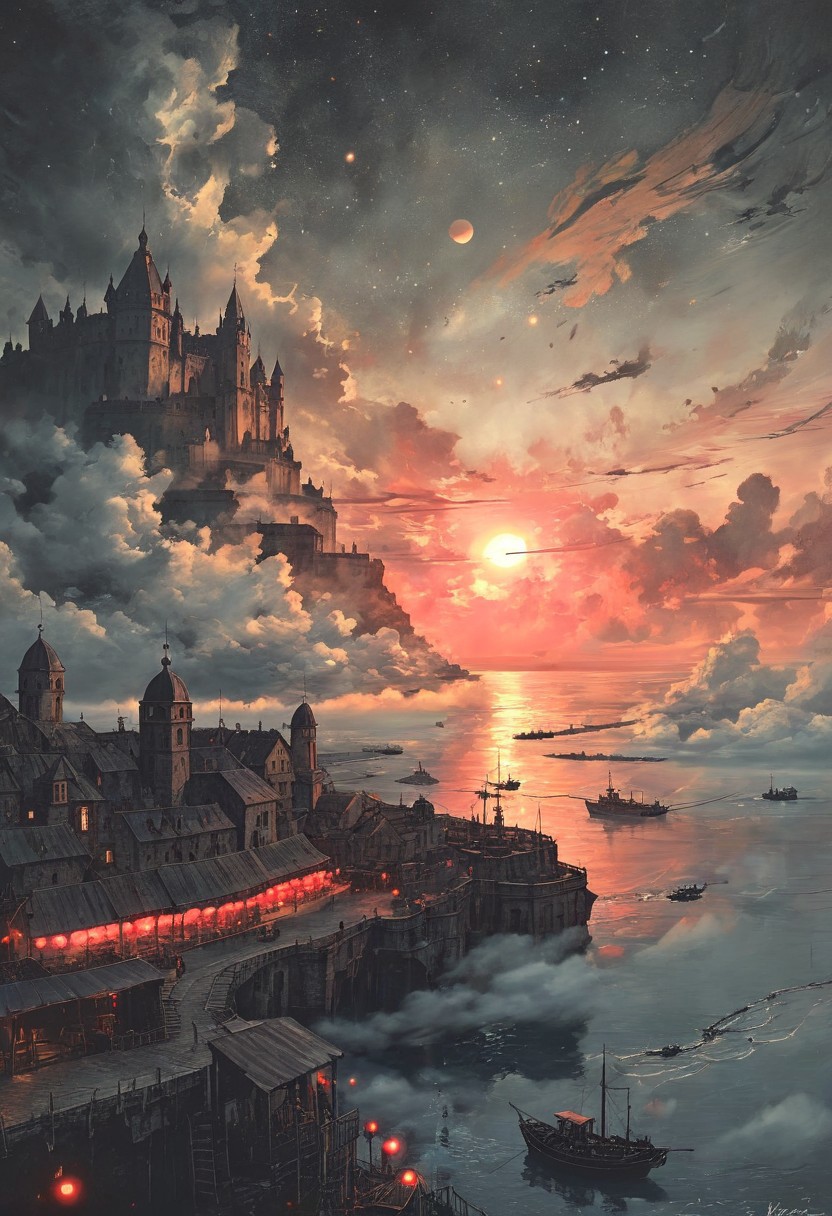 score_9, panorama landscape, architecture, ships, wharf, sea, sunset, Italian village, Italy, enchanted fortress and fortified castle, above the clouds, mystical atmosphere, detailed stone and wood walls, magic mist swirls around, weibo, drawing, formal, retro 90's, red, black, science fiction, a dark sky lit by the glow of distant moons and neon lights. night, rockpunk, yoji shinkawa, James Jean, Ayami Kojima, village<lora:EnvyPanoramaXL01:0.5> PEAnimeBG