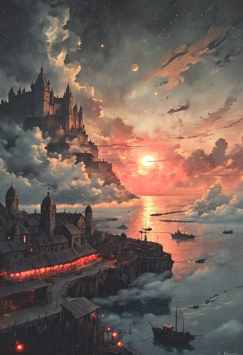 score_9, panorama landscape, architecture, ships, wharf, sea, sunset, Italian village, Italy, enchanted fortress and fortified castle, above the clouds, mystical atmosphere, detailed stone and wood walls, magic mist swirls around, weibo, drawing, formal, retro 90's, red, black, science fiction, a dark sky lit by the glow of distant moons and neon lights. night, rockpunk, yoji shinkawa, James Jean, Ayami Kojima, village<lora:EnvyPanoramaXL01:0.5> PEAnimeBG