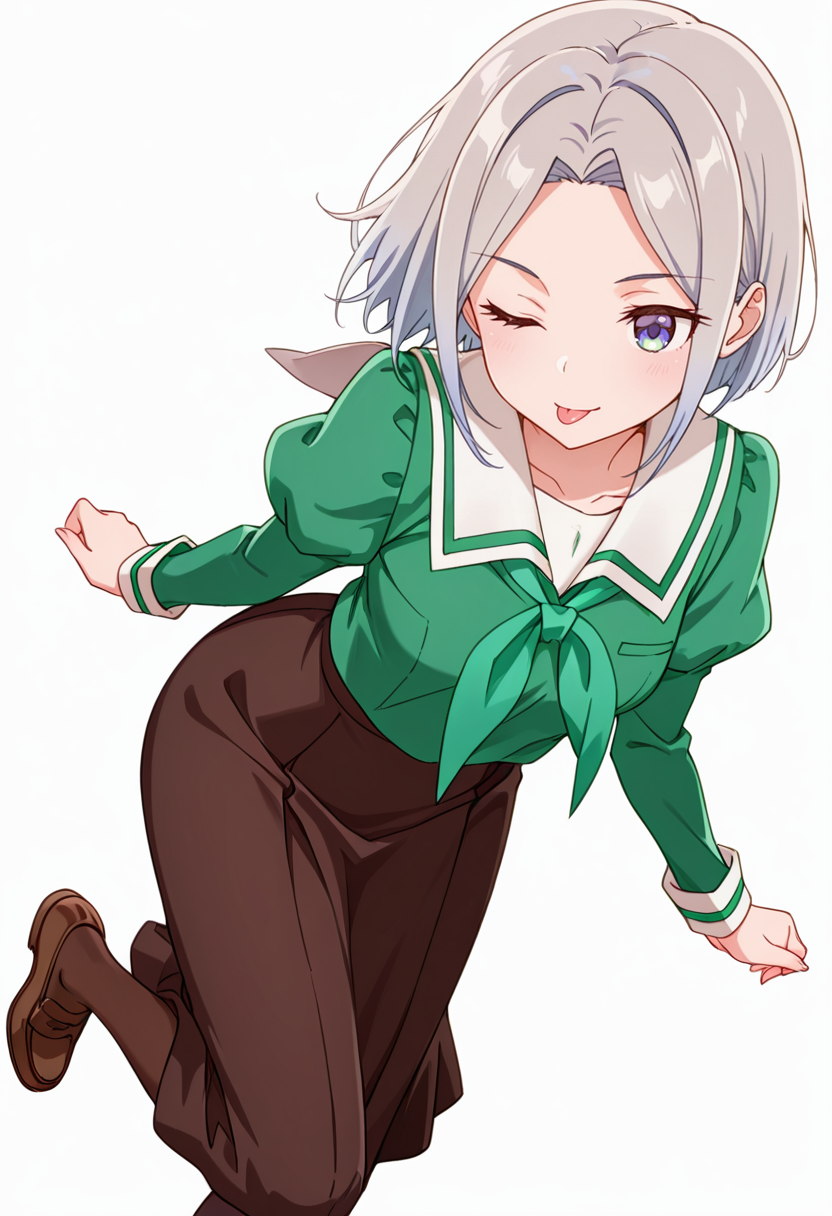 masterpiece,high quality details,absurdres, 
 <lora:Nishidera_Nene:0.8>
nene_cnr, 1girl, grey hair, short hair, 
nene_s2,green shirt, white sailor collar, serafuku,long skirt,black-brown skirt, juliet sleeves,pantyhose, loafers,, simple background, white background, front view,solo,, ;p,