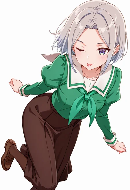 masterpiece,high quality details,absurdres, 
 <lora:Nishidera_Nene:0.8>
nene_cnr, 1girl, grey hair, short hair, 
nene_s2,green shirt, white sailor collar, serafuku,long skirt,black-brown skirt, juliet sleeves,pantyhose, loafers,, simple background, white background, front view,solo,, ;p,
