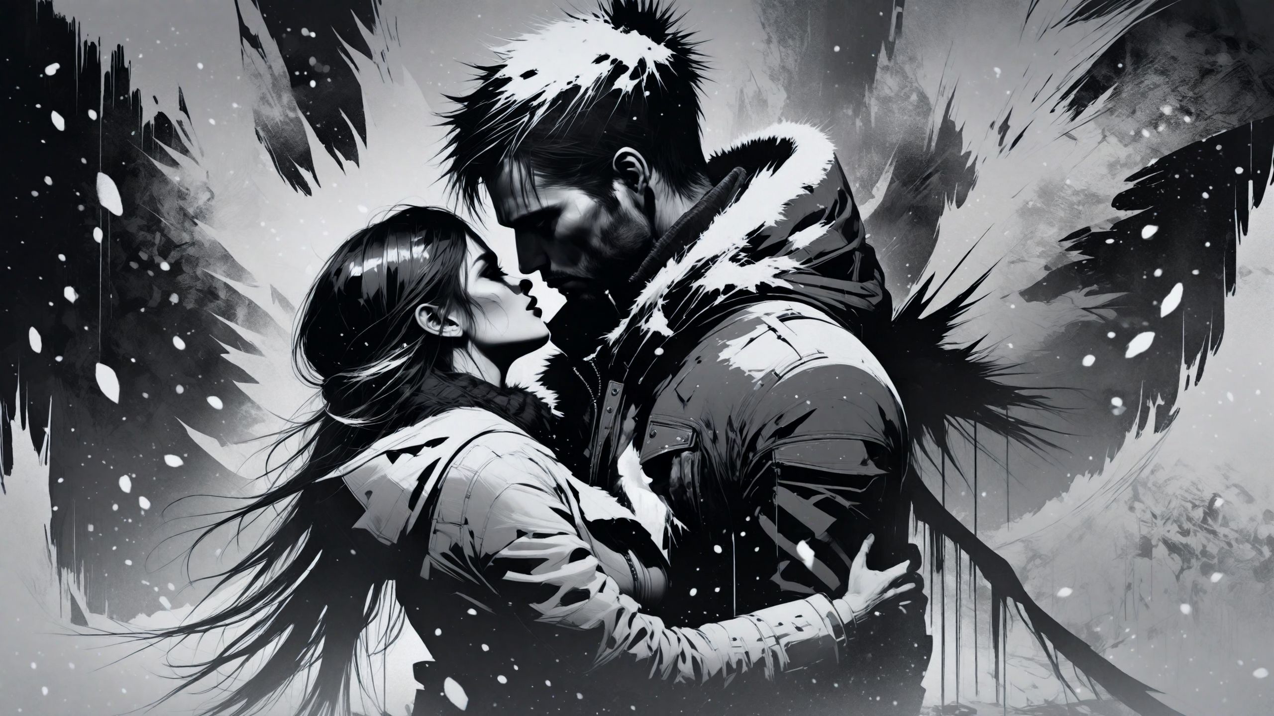 rsmls,a couples' first kiss in the snow,monochrome,masterpiece,messy,surreal,abstract,high contrast,awardwinning,8k,trending on artstation and deviantart <lora:RussMillsXL:1>,wallpaper,style of russ mills