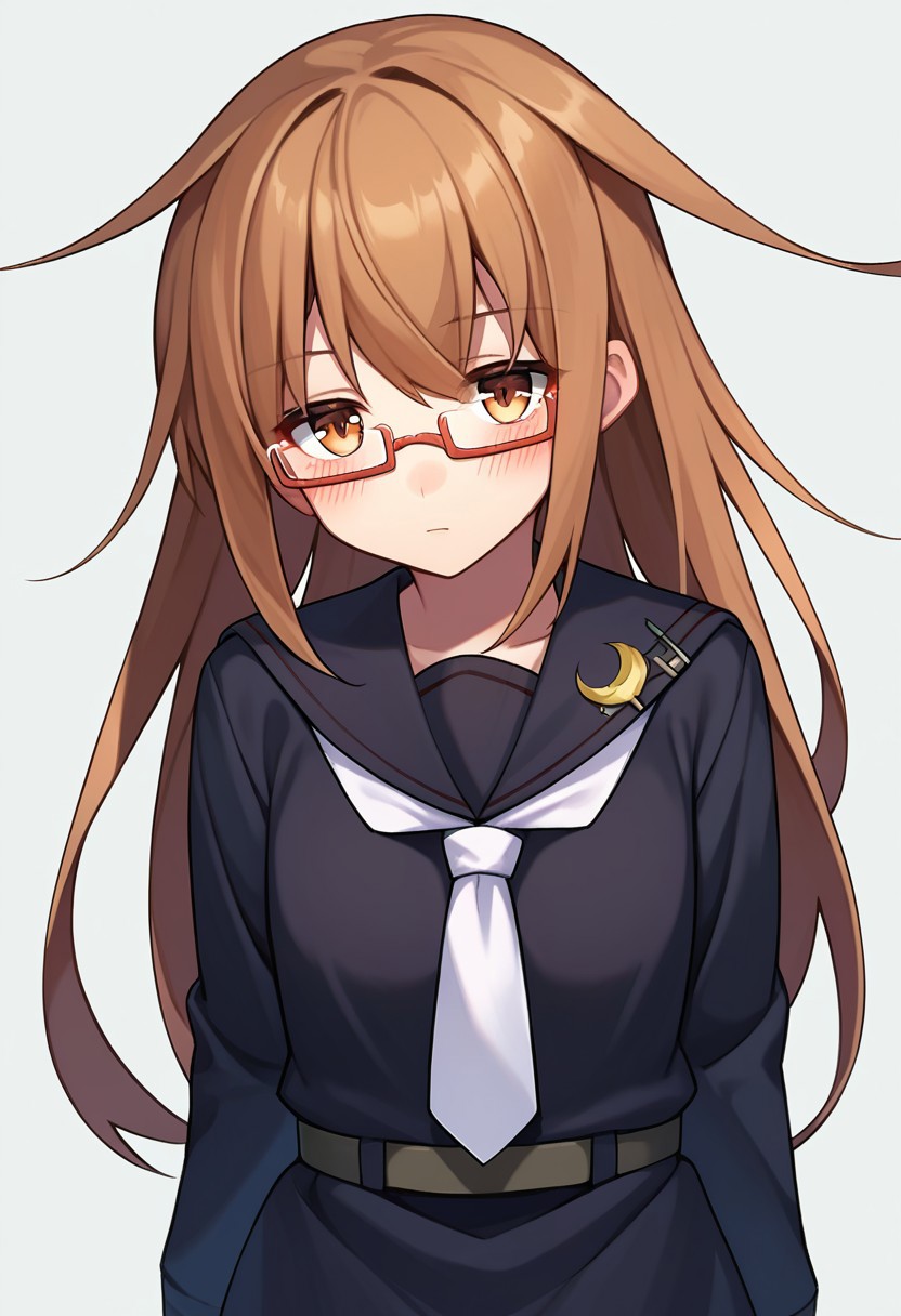 score_9, score_8, score_7, source_anime, mochizuki (kancolle), glasses, 1girl, solo, looking at viewer, blush, long sleeves, school uniform, black serafuku