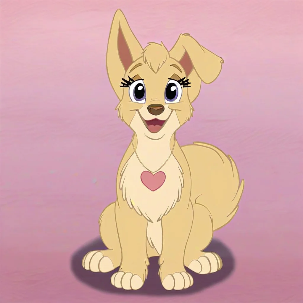 angellat, dog, full body, feral, light yellow fur, body fur, blue eyes, (((sitting))), (((front view))), looking at viewer, (((wearing pink heart necklace))), (((happy))), (((flirty))), (((smiling))), (((open mouth))), (((pink background))), ((mostly open eyes))), smug