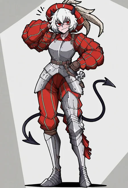 masterpiece, best quality, newest, absurdres, highres, mark_gavatino, mark gavatino style,
LKAV1.0, landsknecht, armor, belt, breastplate, chaperon hat, faulds, asymmetrical legwear, asymmetrical armor, puffy sleeves, puffy pants,
1girl, malina \(helltaker\), demon girl, short hair, white hair, horns, demon tail,