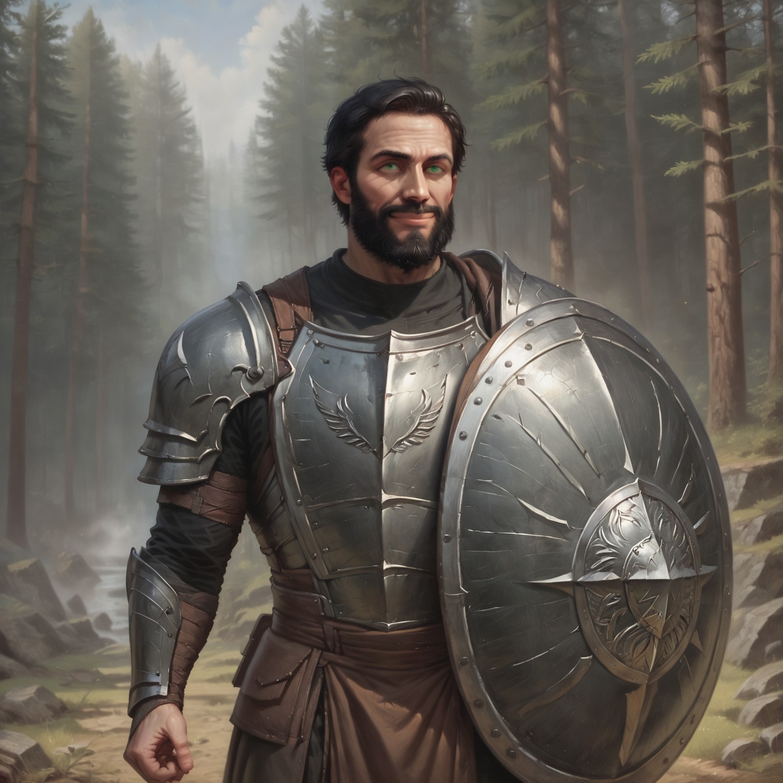 (((beautiful, high quality))), waist up, score_9, score_8_up, score_7_up, black hair hair, short hair, black beard, long beard, man, green eyes, looking at the viewer, dynamic pose, blurred background, forest, smile, black armor, massive armor,, helmet, lips closed, gauntlet, holding a shield, massive black shield, massive shield on right arm, massive shield, oil painting, realistic, open eyes, serious look, detailed eyes, realistic eyes, perfect eyes,