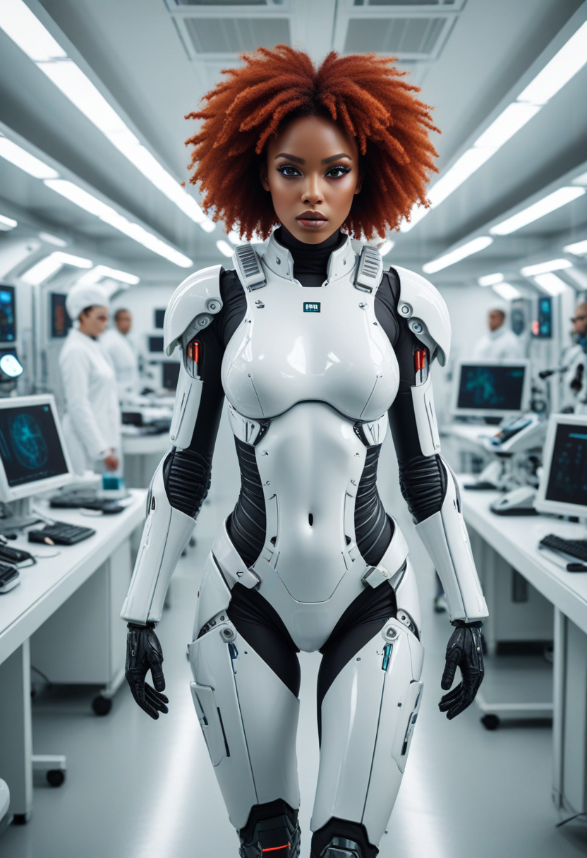 ((fashion photography)), perfect face, perfect eyes, (medium full shot) of  (angelic futuristic soldier) young woman, black american, dark eyes, dark skin, dark skin, hazel eyes, tiny build, long red afro hair, wearing High-tech exoskeleton suit with integrated HUD display, modular armor plating, kinetic energy harnessing capabilities, and retractable helmet, EMP grenade launcher, set in  Cybernetics Clinic, Sterile white room with rows of surgical beds, monitors displaying complex data streams, shelves stocked with cybernetic implants, technicians in lab coats bustling about, the faint whir of machinery in the background , surprised, open mouth, running toward the viewer, masterpiece, best quality, photorealistic, very aesthetic