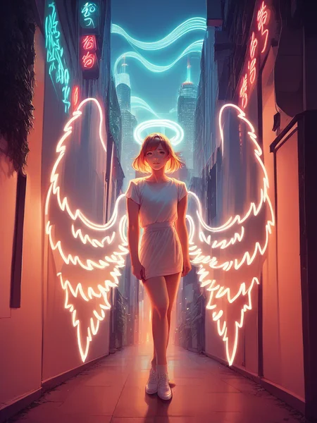 score_9, score_8_up, score_7_up, score_6_up, score_5_up, source_anime, <lora:n30nw1ngsXLP2:1> n30nw1ngs, neon light wings, wings, angel, cityscape,